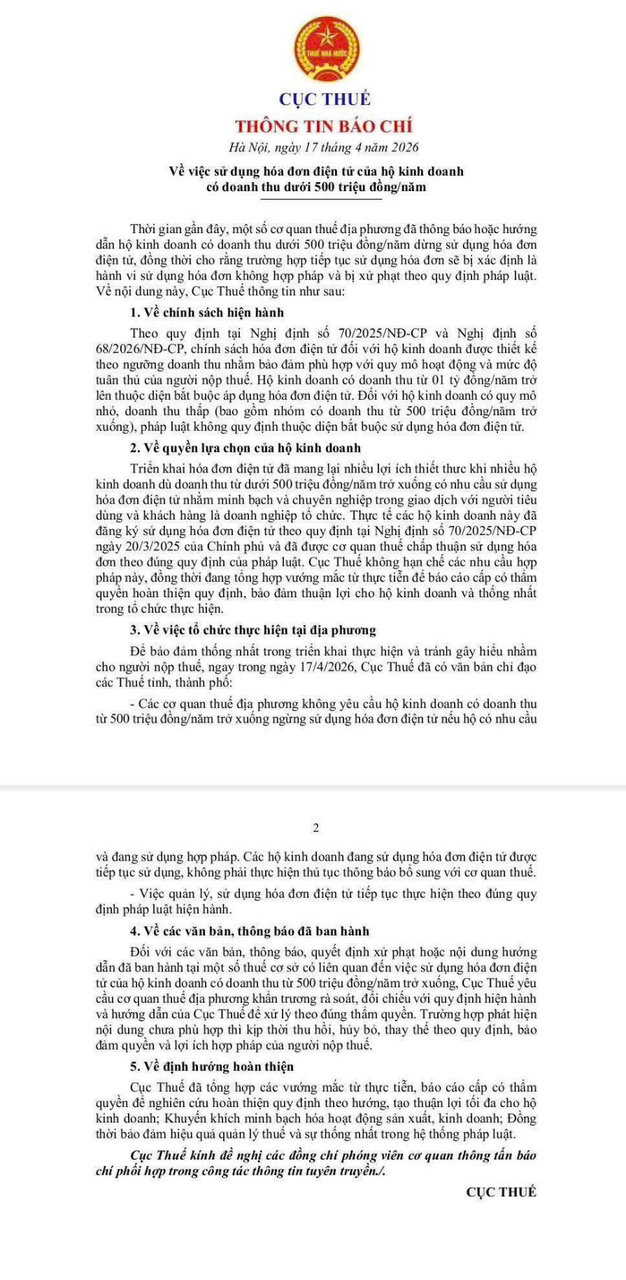 Hộ kinh doanh dưới 500 triệu có bắt buộc dùng hóa đơn điện tử không theo quy định Cục Thuế